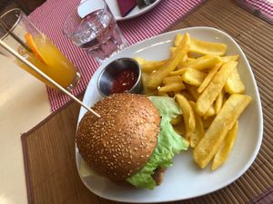 A soya sandwich with salad and fries! And fresh orange juice . total 9e. at Bistro Špajza in Karlovac