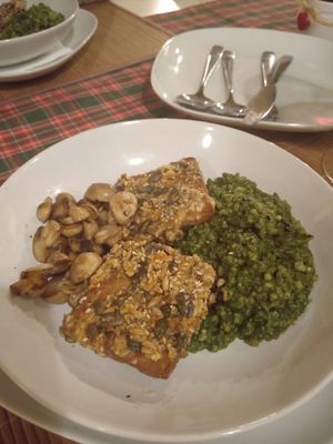 Tempeh with spinach risotto and grilled mushrooms  at Bistro Špajza in Karlovac