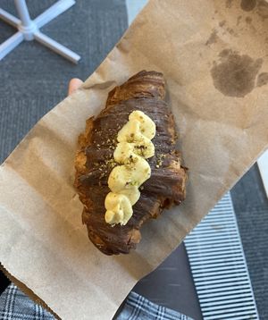 Dubai chocolate croissant   at The Teapot Bakery in Salford