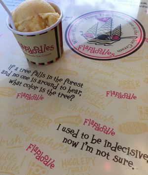 Dairy-free Peach Mango Sorbet. Mango sorbet base with a deliciously gooey peach variegate. at Flapdoodles Ice Cream in Rochester