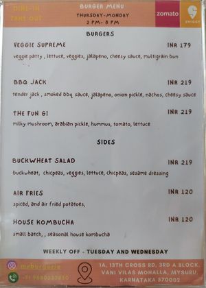Burger Menu Thu - Mon 6pm - 9pm at Burgerie in Mysore
