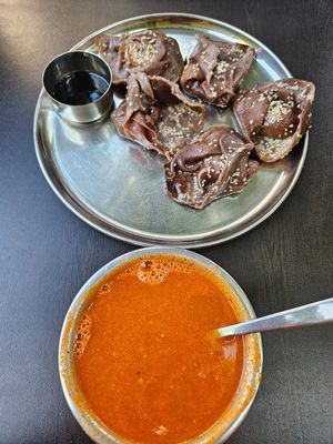 Ragi Momos and Tomato Soup at Govinda's Yogi Cafe in Mysore