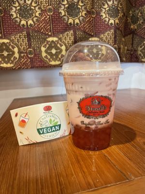 Rose tea with oat milk (note from staff it’s also a natural laxative)  at Cha Tra Mue One Nimman in Chiang Mai