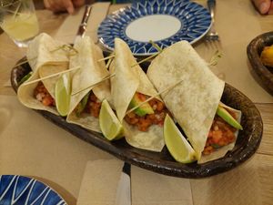 Starters / Tacos de lentejas "Lentacos" at La Huella Vegana - Sandoval  in Madrid