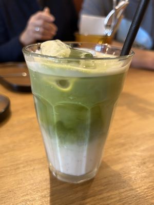 Matcha latte with oat milk   at Simona Specialty Coffee Club in San Sebastian