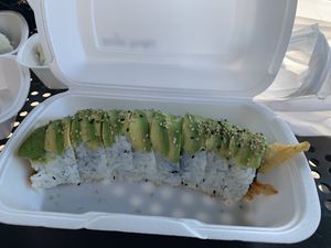 Ninja Turtles: Avocado, Cucumber, Veggie Tempura (Fried Carrots, Zucchini, Squash, Sweet Potato and Onion) and Ginger Dressing at Niko Niko in Redlands