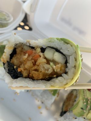 Ninja Turtles: Avocado, Cucumber, Veggie Tempura (Fried Carrots, Zucchini, Squash, Sweet Potato and Onion) and Ginger Dressing at Niko Niko in Redlands