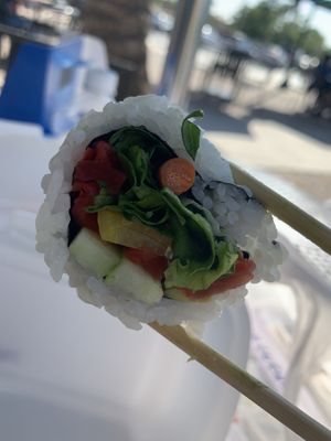 Shamrock Roll: Mixed Greens, Yamagobo, Fukushin Zuke, Takuwan, Avocado and Cucumber at Niko Niko in Redlands