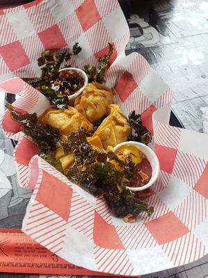 Cheeseburger dumplings! (My fav) with sweetchilli dip and ketchup/mustard dip at Desert Island Dumplings in Manchester