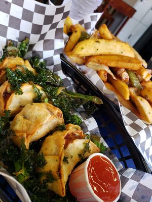 Salt and pepper chicken dumplings + salt and pepper chips at Desert Island Dumplings in Manchester