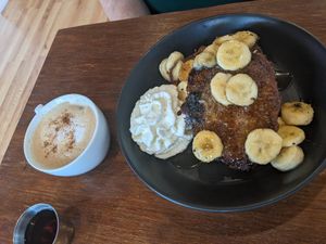 Banana Bread French Toast with almond milk chai at Knead  in Albuquerque