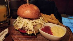 quinoa burger and fries. yummy at Florin Cafe in Sucre
