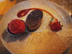Chocolate mousse and strawberry sorbet at Darwins in Dublin
