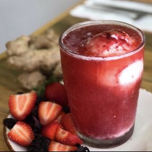 Strawberry hibiscus soda float with vanilla bean ice cream   at Nanita in Oaxaca