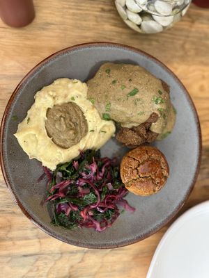 Fried Not Chicken Plate. Kale, Garlic Mash & Gravy. Cornbread. DELICIOUS!   at Nanita in Oaxaca