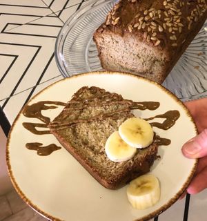 Panqué de plátano y crema de semilla de girasol tostada  at Nanita in Oaxaca