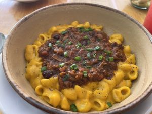 Mac and cheese with chili black beans .  at Nanita in Oaxaca