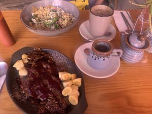 Chocolate waffle french toast and chilaquiles verdes. Both very yummy! 😋   at Nanita in Oaxaca