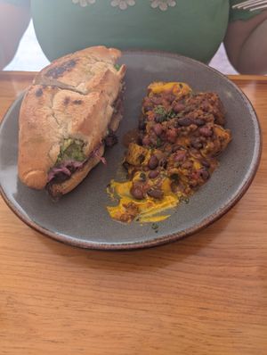 Barbecue mushroom torta with cheesy potatoes with chili at Nanita in Oaxaca