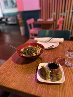 Szechuan noodlea and gyoza from lunch menu  at Spicy Moon  - Bowery in New York City