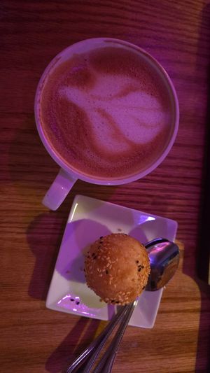 Oat latte and moon cake at Spicy Moon  - Bowery in New York City