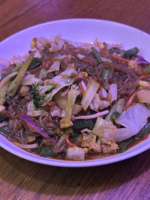 Stir fry chili glass noodles with vegan beef  at Spicy Moon  - Bowery in New York City