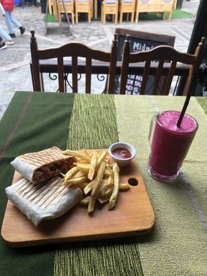 Vegan tacos and smoothie “purple” (beetroot, banana and orange)  at MIDO'S in Chefchaouen