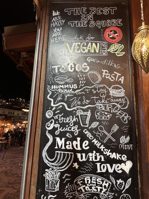 Display board even mentions vegan  at MIDO'S in Chefchaouen