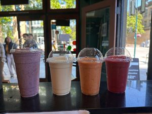 Blue cloud, peanut butter me up, private island and beer king smoothies at Juice Appeal in Berkeley