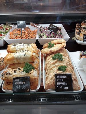 Various vegan options. Vege korma filo is yum. (not tried the others yet) at Connings Food Market in Appleby