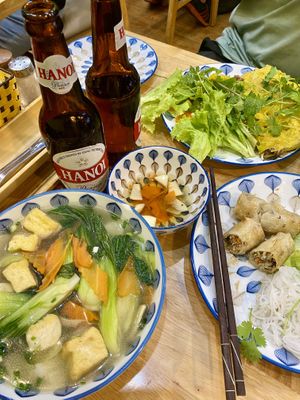 Vegetarian pho and veggie spring rolls.   at Quan Little Hanoi in Hanoi