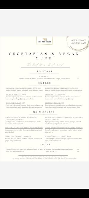 Vegan options on the rhs at The Reef House Restaurant in Palm Cove