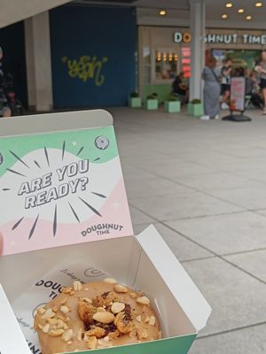 A doughnut with peanut butter and cream inside at Doughnut Time in Berlin