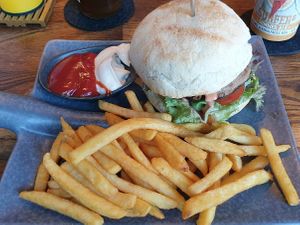 Burger with portobello and fries at Helgoländer Fährhaus in Heligoland