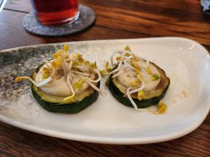 Gruß aus der Küche. Zucchini, Auberginencreme at Helgoländer Fährhaus in Heligoland