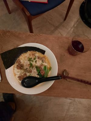 Veg Ramen and a glass of red all together 1600¥ at Kokoka Used Book Shop Cafe & Bar - ココカ古書店 本とたいやき in Tamano