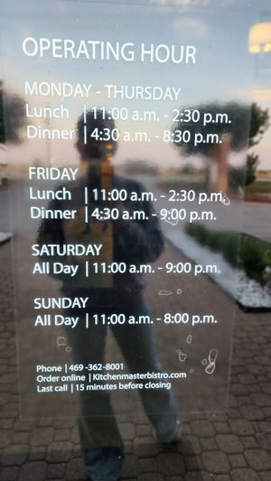 Hours! Kitchen closes 15 minutes before close times. at Kitchen Master in Frisco