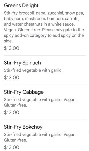 Vegan items have a green dot on printed photo menu at Kitchen Master in Frisco