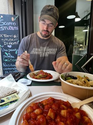 Sorry, the ravioli my husband has is vegetarian but not vegan. It has ricotta. But the gnocchi and salad are vegan options without asking for mods!   at Pasta Imperiale in Rome