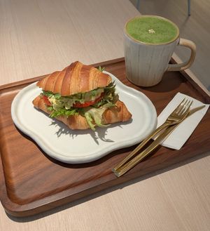 Egg salad croissant with matcha soy milk 🥐🍵 at Blivin Bakery 植物系生吐司專門店 in Taipei