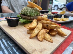 Vegan bean burger with fries  at Ocho Artisan Bungalows in Tamarindo