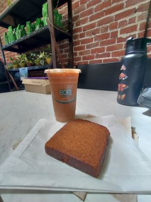 Peanut butter cold brew and pumpkin bread at Tellus Coffee  in Walnut Creek