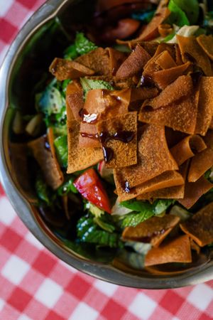 Fattoush is surprisingly filling dish, trust us and definitely share it with someone you like :) at Suwayda Streetfood in Krakow