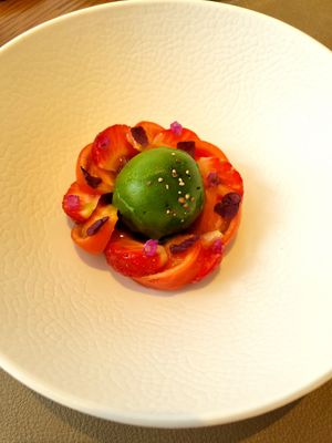 Fruit tomato, amao strawberry, shiso at Amber  in Hong Kong Island