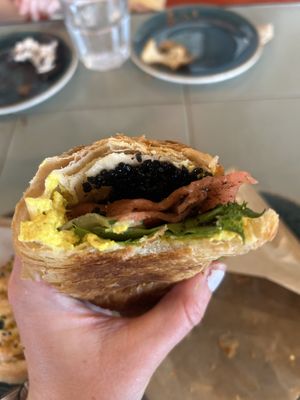 Croissant sandwich (I believe the filling was tofu ‘egg’, vegan ‘salmon’, vegan caviar, salad)  at Nihe in Tallinn