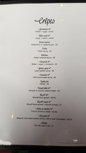 Crêpes menu at Crêperie Nathalie in Whitley Bay