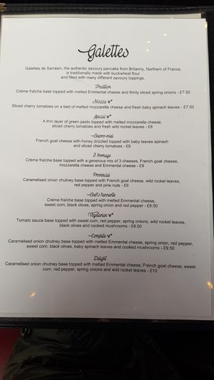 Galettes menu at Crêperie Nathalie in Whitley Bay