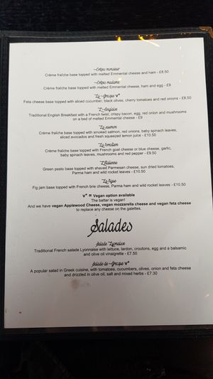 Clearly labelled menu (Galettes) at Crêperie Nathalie in Whitley Bay