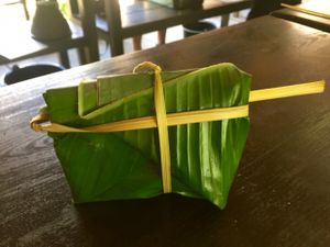mushrooms in banana leaf ready to bake  at Tamarind - A Taste of Laos in Luang Prabang
