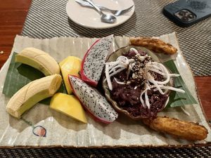 Purple sticky rice with fruit   at Tamarind - A Taste of Laos in Luang Prabang